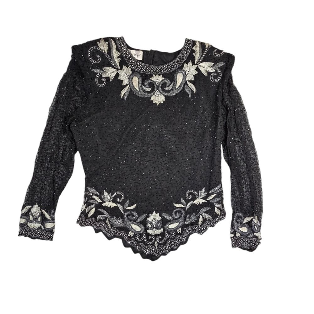 Vintage Lawrence Kazar Beaded Silk Long Sleeve Dressy Formal Blouse sz L